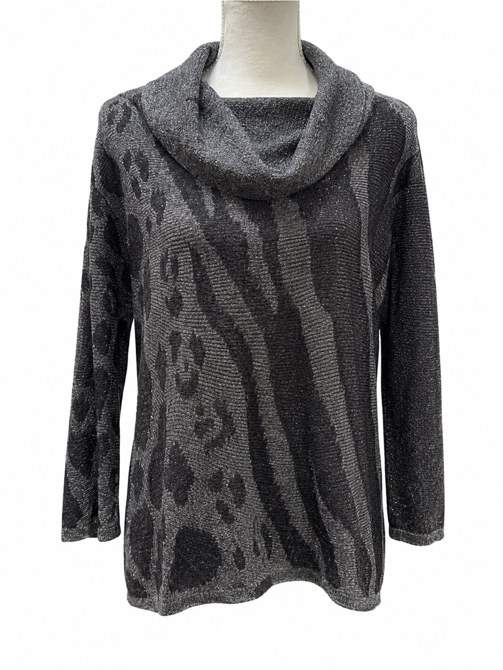 Jones New York Gray/Silver/Black Animal Print Cowl Neck Sweater. Size Large. EUC